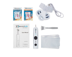 Package Contents: 30 Second Smile Power Handle 30 Second Smile Charger complete with counter top stand and brush head storage and protection 2 Sets of Kids Extra Small and ultra Soft Brush Heads 1 Tongue Cleaner 1 Soft Zip Travel Pouch